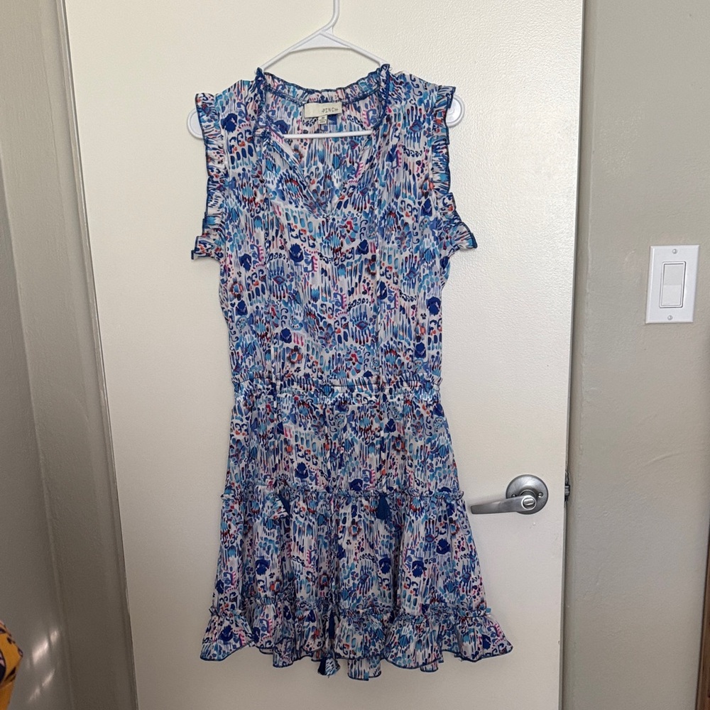 Pinch Blue & White Printed Ruffle Hem Mini Dress